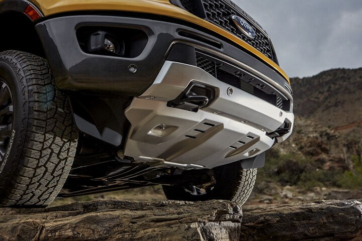 2022 Ford Ranger close-up on exposed steel bash plate included with FX4 Off-Road Package