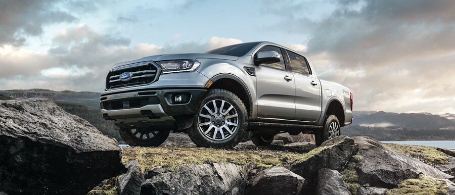 2023 Ford Ranger in Iconic Silver parked atop a rocky hill