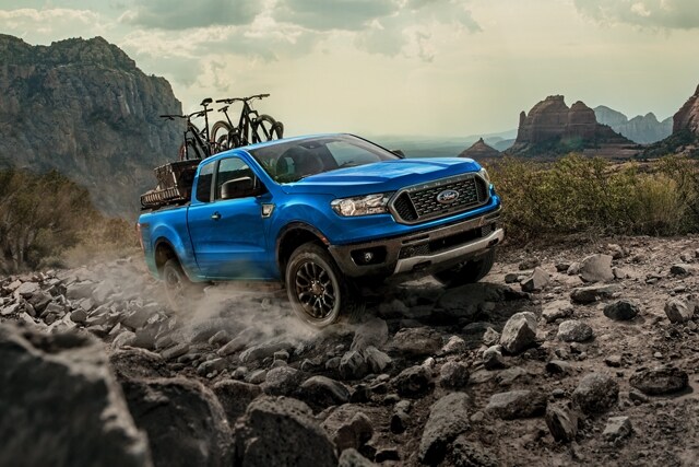 2023 Ford Ranger being driven on rocky mountain terrain