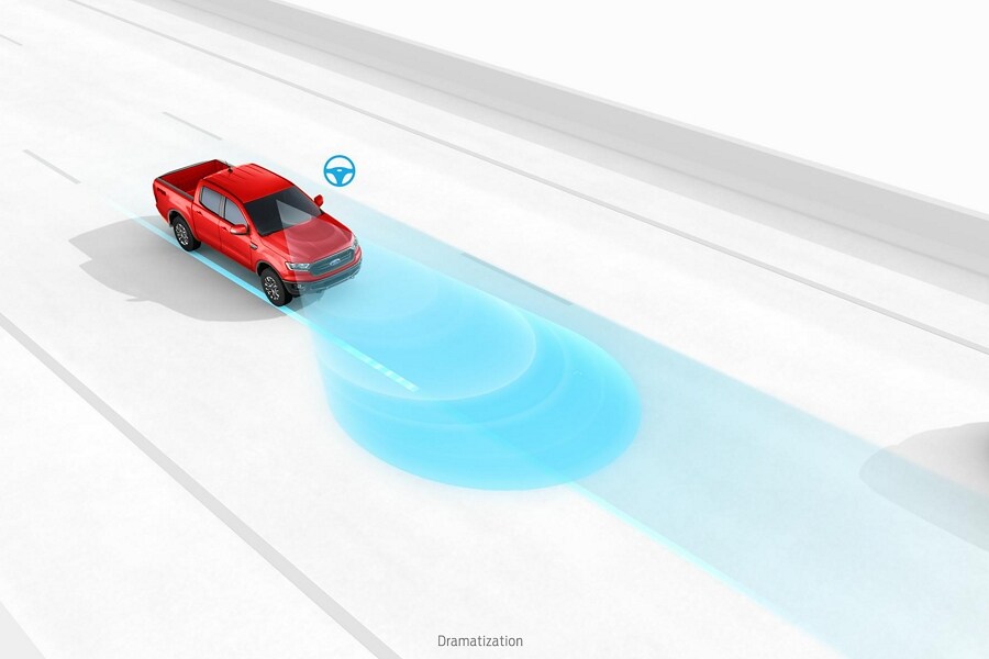 Ilustración de una Ford Ranger® 2023 en Race Red mostrando la asistencia para mantenerse en el carril