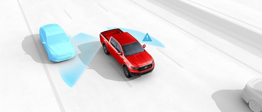Una Ford Ranger® en Race Red 2023 que ilustra el Sistema para Mantenerse en el Carril