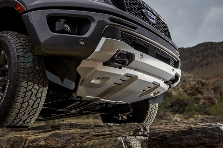 2023 Ford Ranger close-up on exposed steel skid plate included with FX4 Off-Road Package