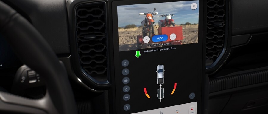 Close-up of the 2024 Ford Ranger® 12-inch center stack screen with Pro-Trailer Backup Assist™ being displayed