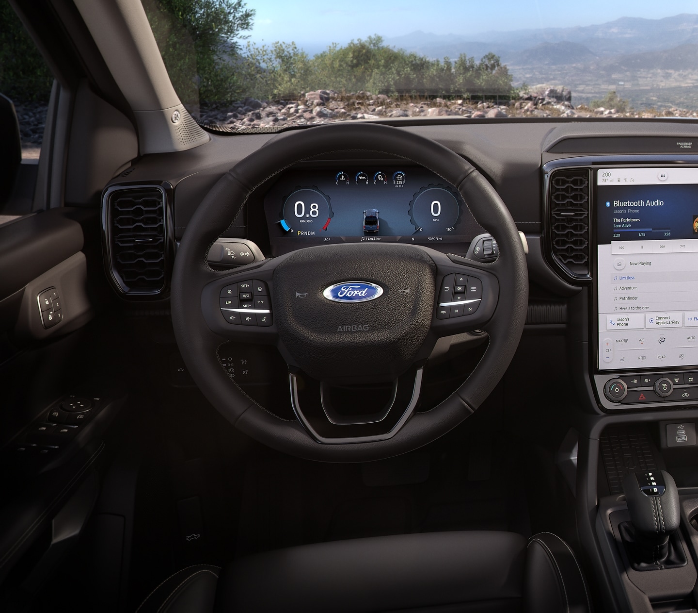 A close-up of the steering wheel and dash on a 2024 Ford Ranger® truck