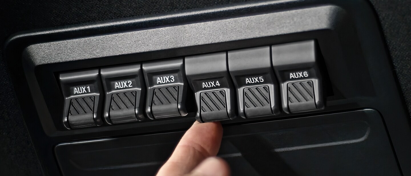 Close-up of a 2024 Ford Ranger® truck interior Six Upfitter Switches
