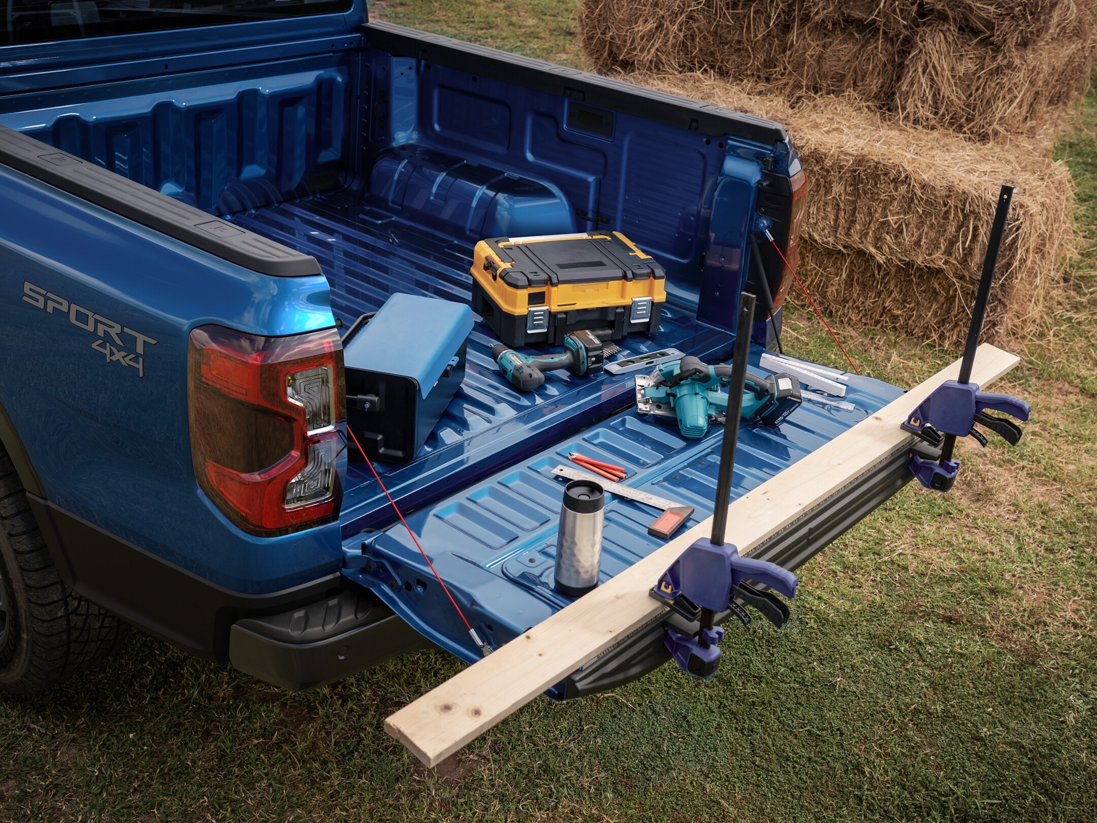 the bed and tailgate of a blue truck