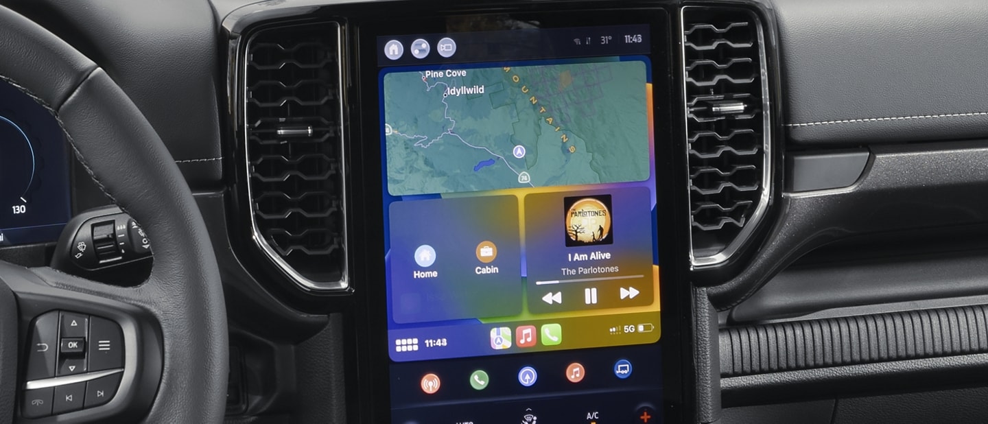 The center dash screen of a 2024 Ford Ranger® displaying smartphone apps