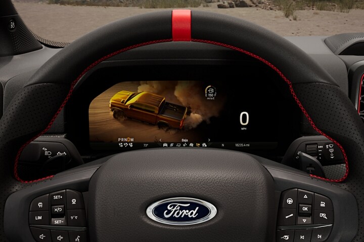 Close-up of the steering wheel of a 2024 Ford Ranger® truck dash engaged with a drive mode