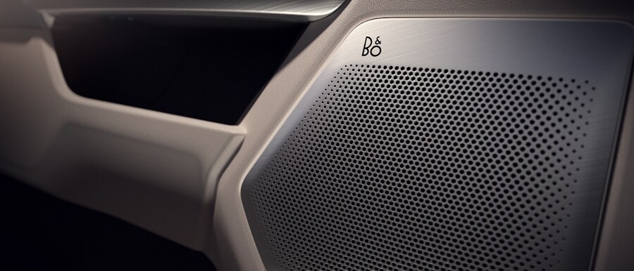 Panel interior de la puerta de una Ford Super Duty® 2023 donde se muestra un altavoz con el logo de B&O®
