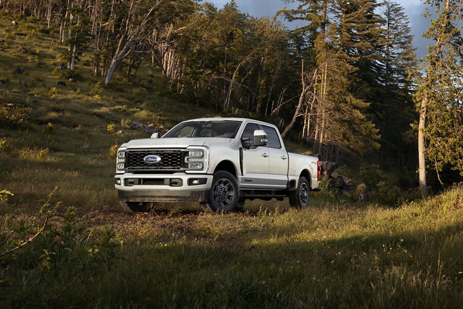 Un modelo de Ford Super Duty® F-350® LARIAT® 2023 estacionado en una zona boscosa