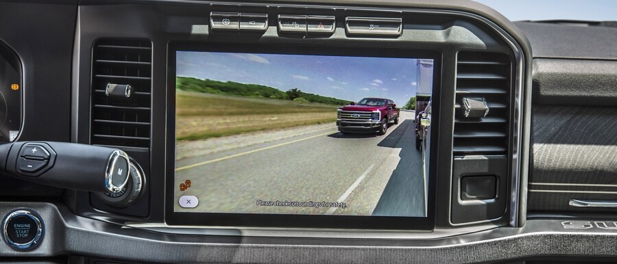 View of 12-inch touchscreen with Turn Signal Camera View with Trailer Coverage activated