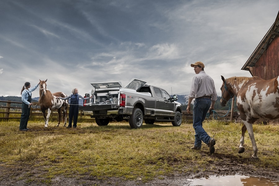 Two women standing with a horse near a 2024 Ford Super Duty® F-250® Platinum pickup with the tailgate down