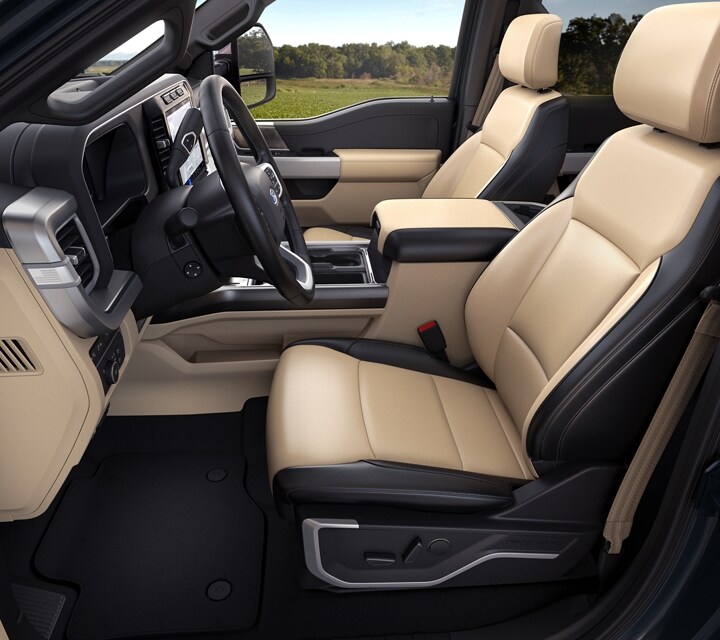 Interior of a 2024 Ford Super Duty® F-250® LARIAT® model with Java leather-trimmed seats