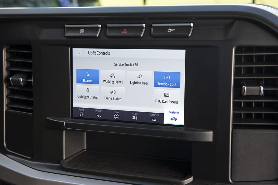 Close-up of the center display touchscreen showing upfit controls