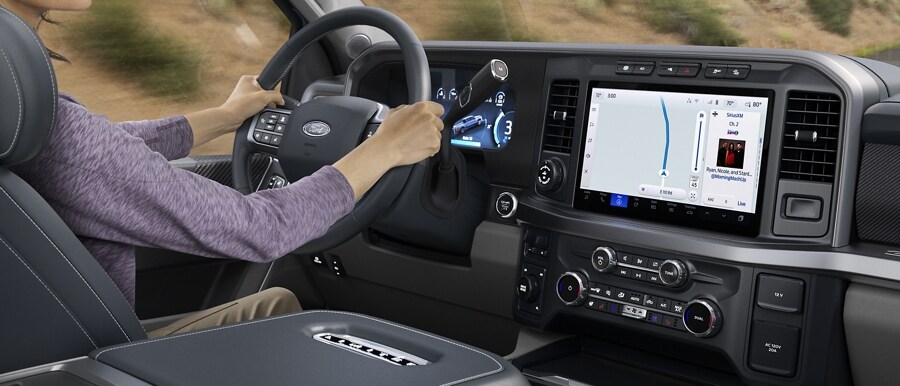 Close-up of the 12-inch center display screen in a 2023 Ford Super Duty® pickup