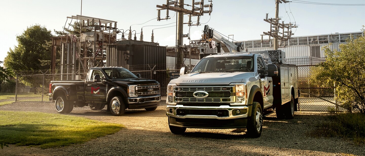 A 2023 Ford Super Duty® F-550® Chassis Cab and Super Duty® F-450® XL with aftermarket upfit features