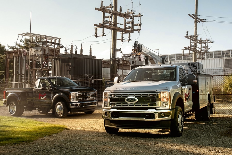 A 2023 Ford Super Duty® F-550® Chassis Cab and Super Duty® F-450® XL with aftermarket upfit features