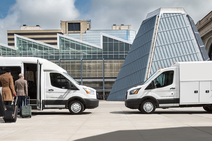 Shot of a 2023 Ford Transit® Chassis Cab outfitted with Shuttle Bus Prep Package