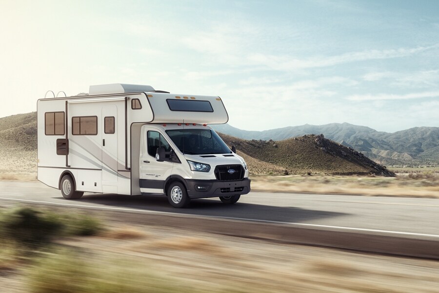 A 2023 Ford Transit® Cutaway equipped with aftermarket Class C motorhome