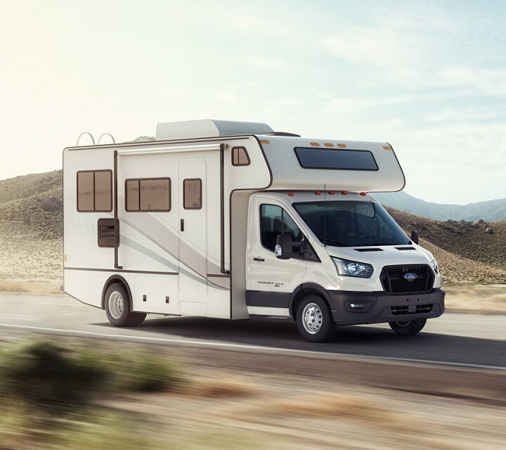 A 2023 Ford Transit® Cutaway equipped with aftermarket Class C motorhome body