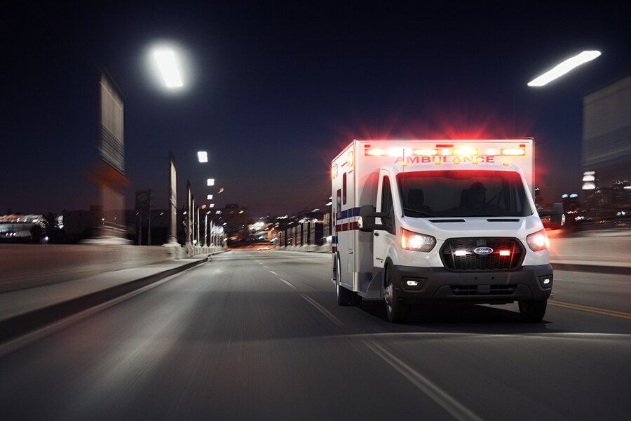 A 2023 Ford Transit® Cutaway with Type III ambulance body