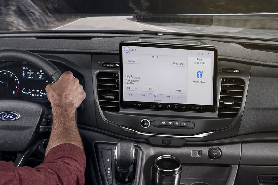 Close-up of a 2023 Ford Transit® dashboard featuring SYNC® 4 technology