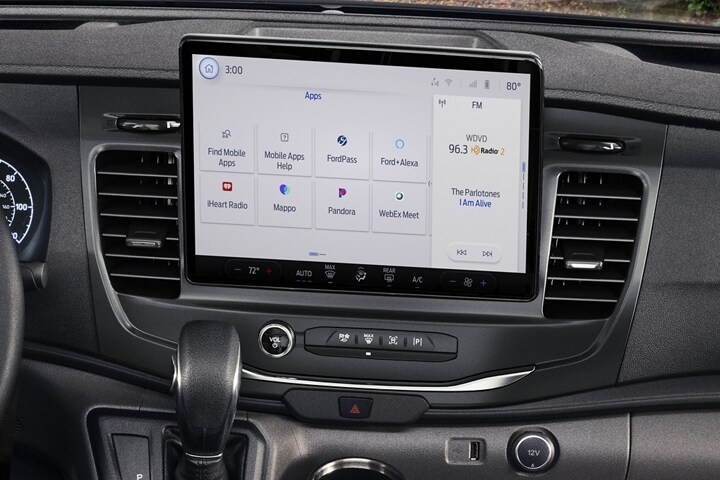 Close-up of the center stack screen of a 2023 Ford Transit®