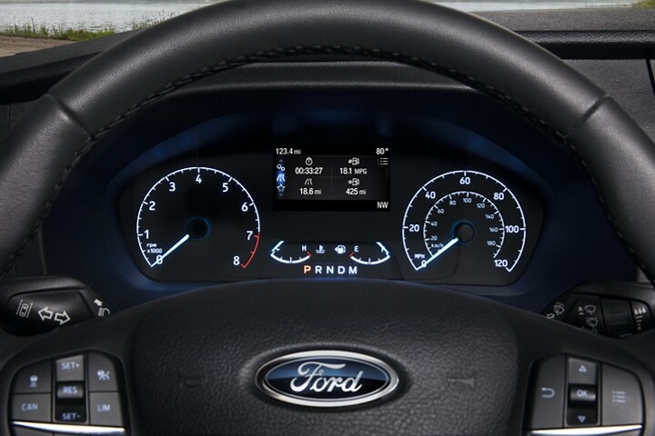 A close-up of the instrumentation cluster on a 2023 Ford Transit®