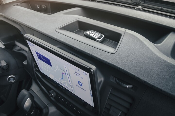 Close-up of a 2023 Ford Transit® interior dash featuring a key fob