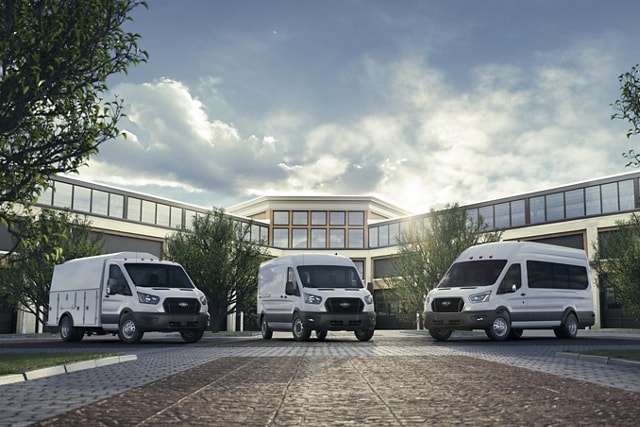 A 2023 Ford Transit® Cutaway van, 2023 Ford Transit® Cargo van and 2023 Ford Transit® Passenger van