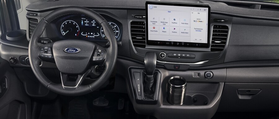 Shot of the medium console in a 2023 Ford Transit® van