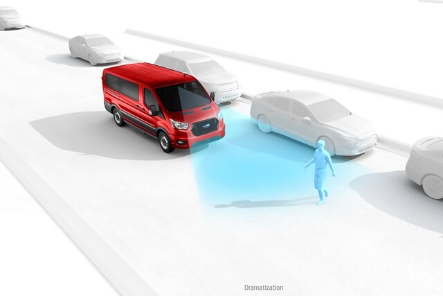 Graphic of a 2023 Ford Transit® van demonstrating Pre-Collision Assist with AEB