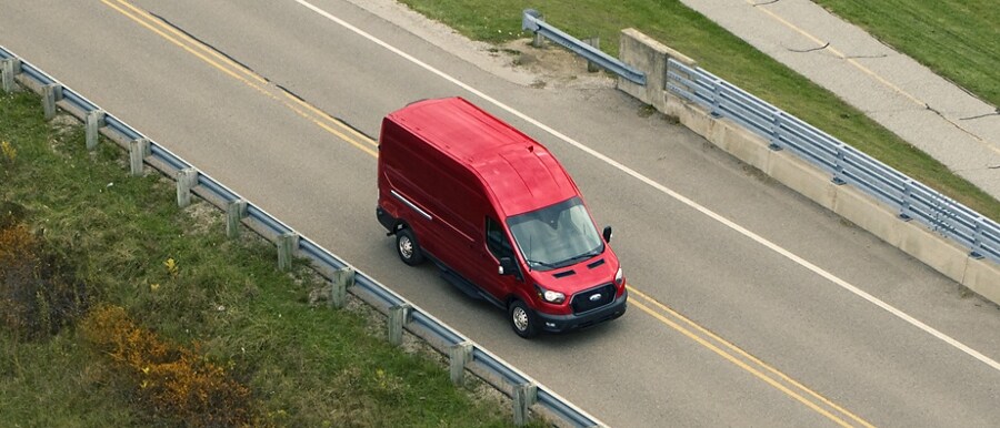 Overhead view of a 2023 Ford Transit® Van driving on a highway