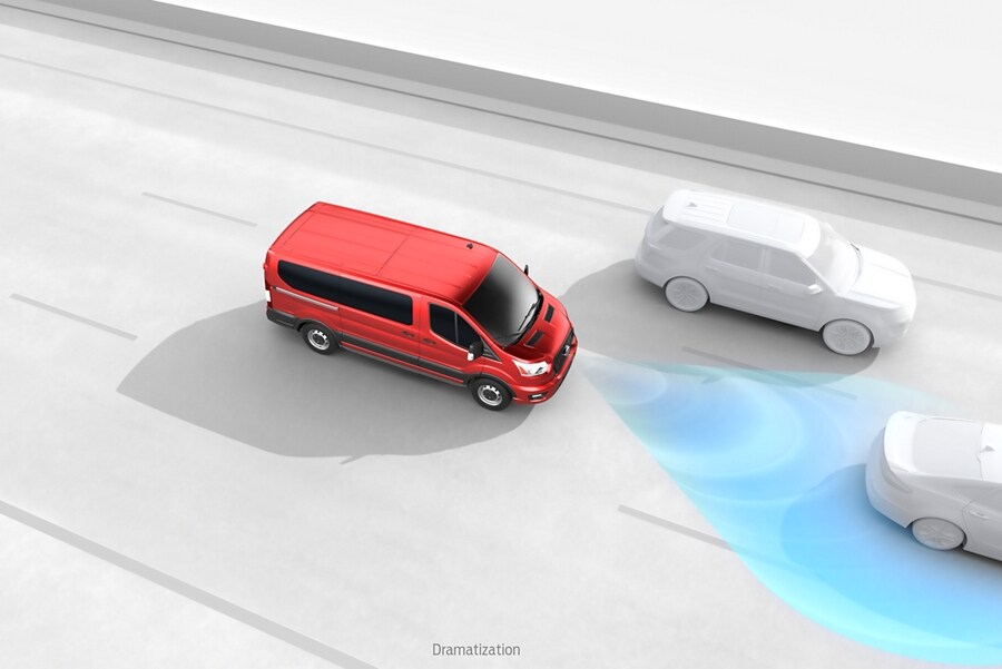 Graphic of a 2023 Ford Transit® Van demonstrating adaptive cruise control