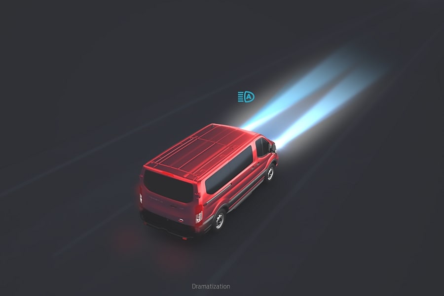 Graphic of a 2023 Ford Transit® van demonstrating auto high beam headlamps