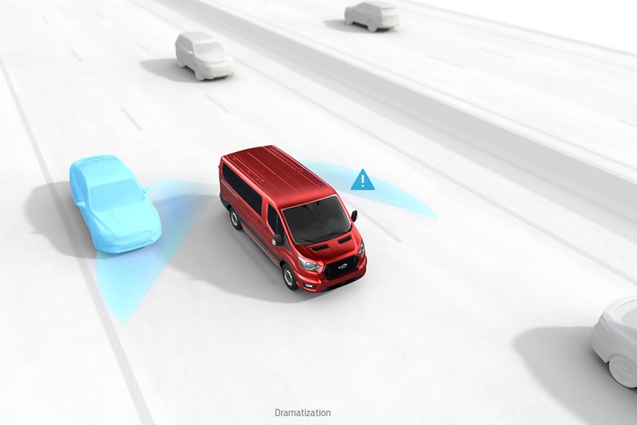 Graphic of a 2023 Ford Transit® van demonstrating Blind Spot 1.0