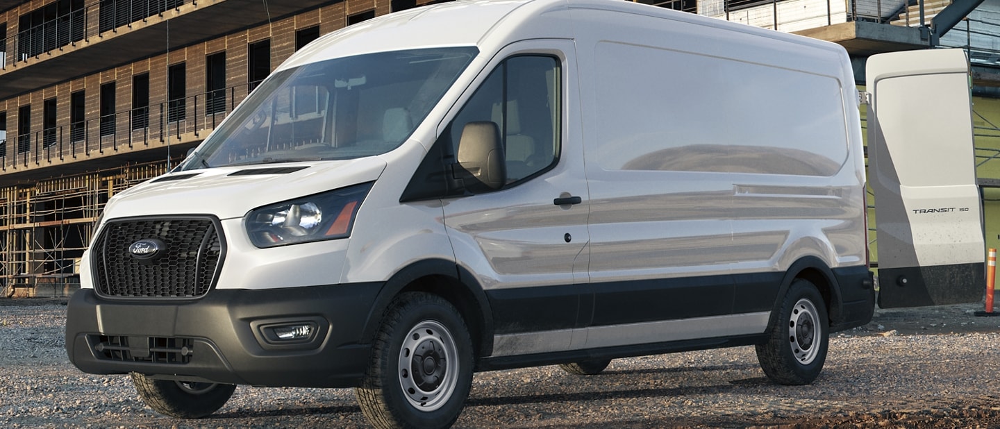 A 2023 Ford Transit® van at a large scale construction site