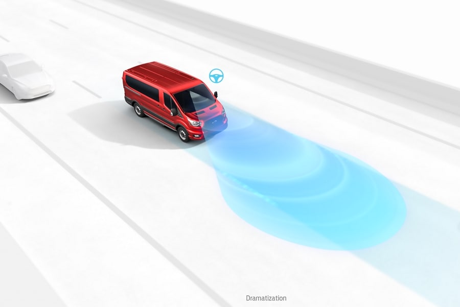 Graphic of a 2023 Ford Transit® van demonstrating lane keeping system