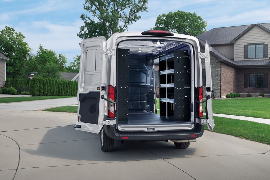 Rear view of 2024 Ford Transit® van with back doors open