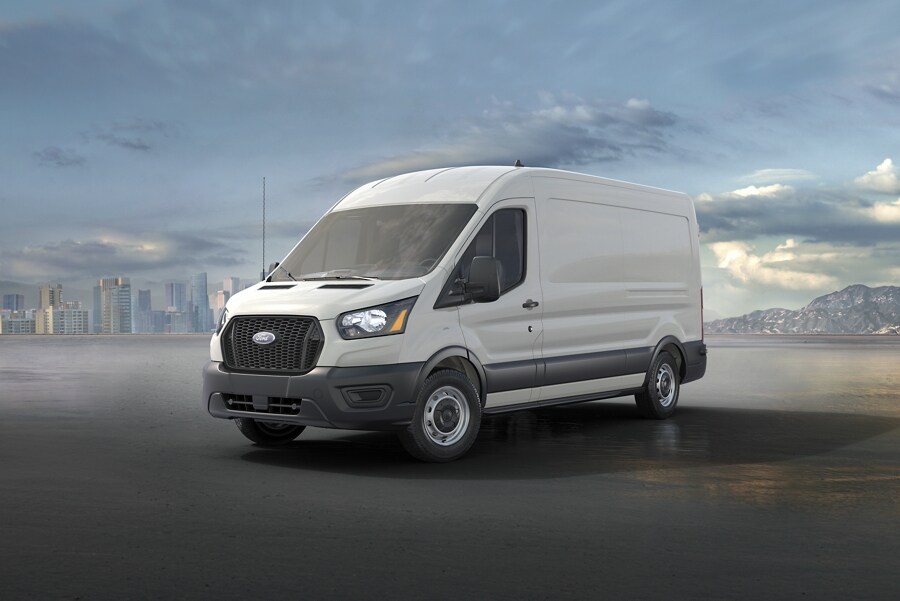 Shot of a 2023 Ford Transit® Van with a city far in the background