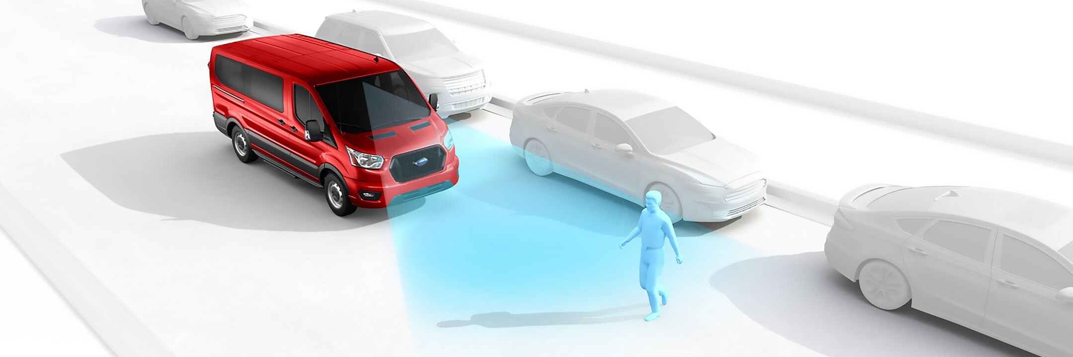 Una van Ford Transit® 2023 andando detrás de otro vehículo en una carretera