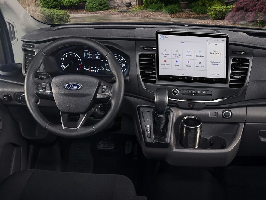 Interior of the dashboard and touch screen of a 2024 Ford Transit® van