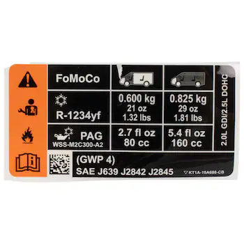 AIR CONDITIONING (A/C) System Information Label Decal - 2.0L