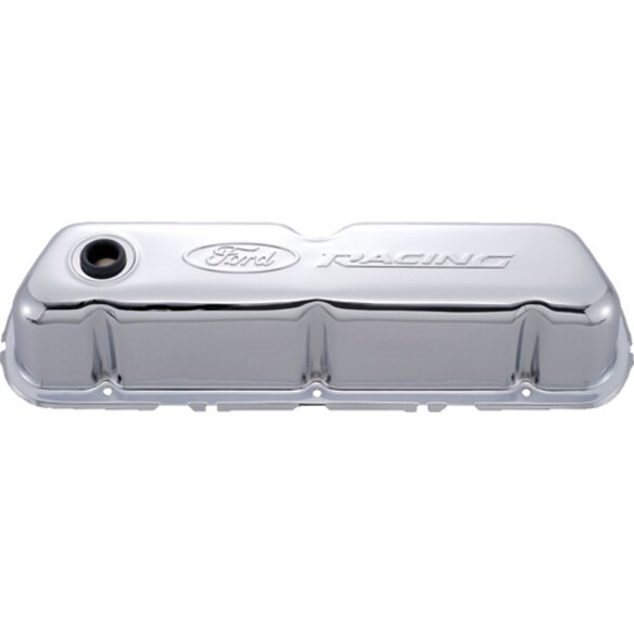 FORD RACING EMBOSSED LOGO STAMPED STEEL VALVE COVERS CHROME Main Image